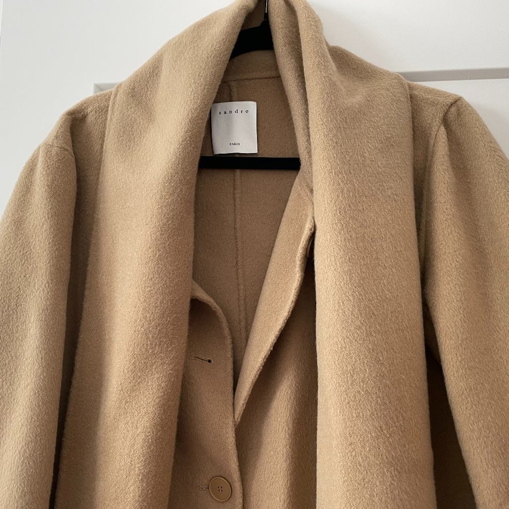 SANDRO  Fringed Wool And Cotton-blend Coat In Beige